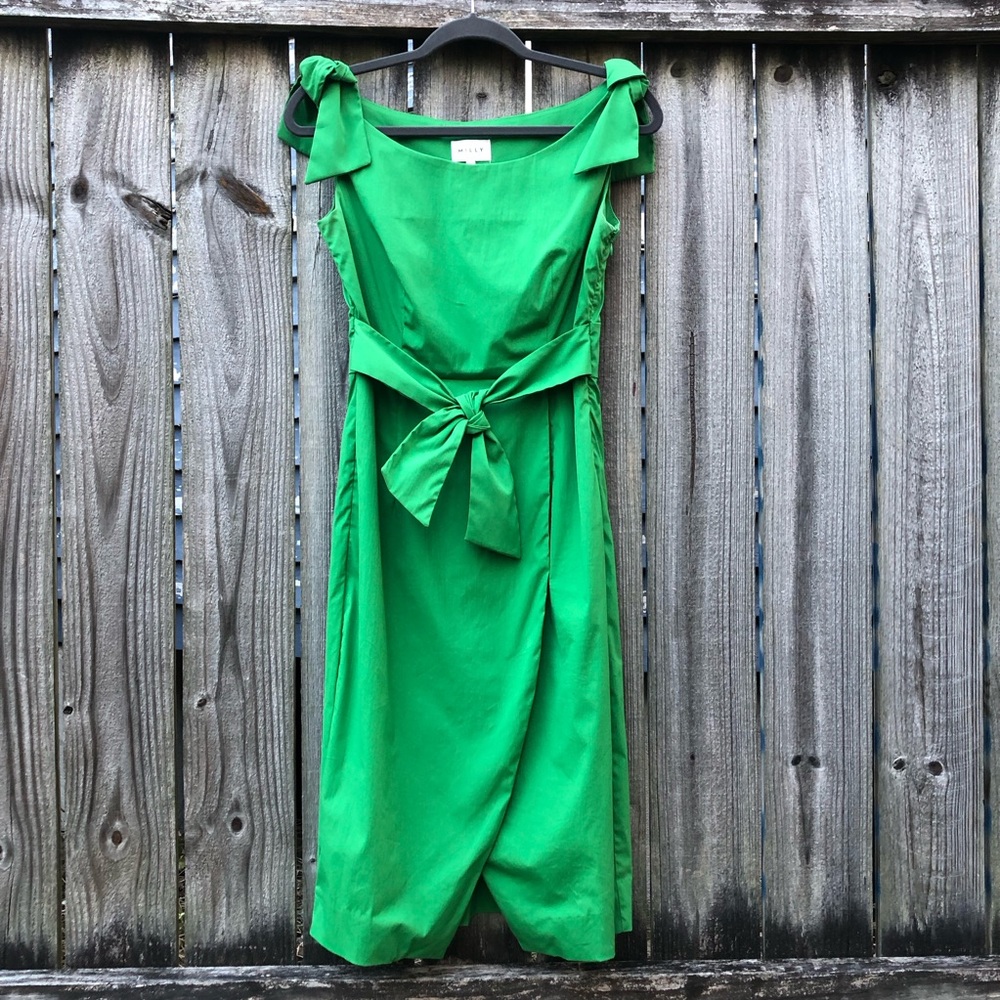 Milly Kelly Green Midi Wiggle Dress Size 6 Tie Waist Bow Sleeve